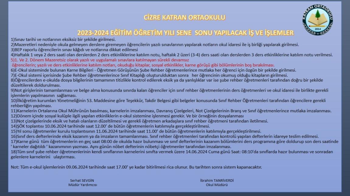 2023/2024 EĞİTİM ÖĞRETİM  YILI 2.DÖNEM SENE SONU İŞ VE İŞLEMLER